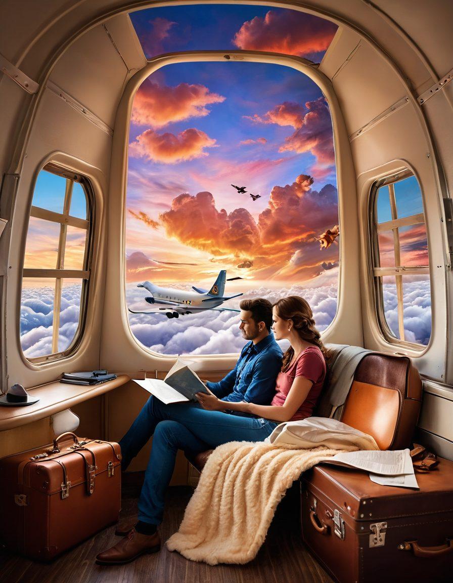 A whimsical scene of a couple sitting in a cozy airplane cabin, gazing out of a window at a majestic Pegasus soaring through a sky filled with soft clouds and vibrant sunset colors. Incorporate elements like travel maps, heart-shaped clouds, and vintage luggage to evoke romance. Infuse a dreamy atmosphere that captures the essence of adventure and love. super-realistic. vibrant colors. ethereal background.
