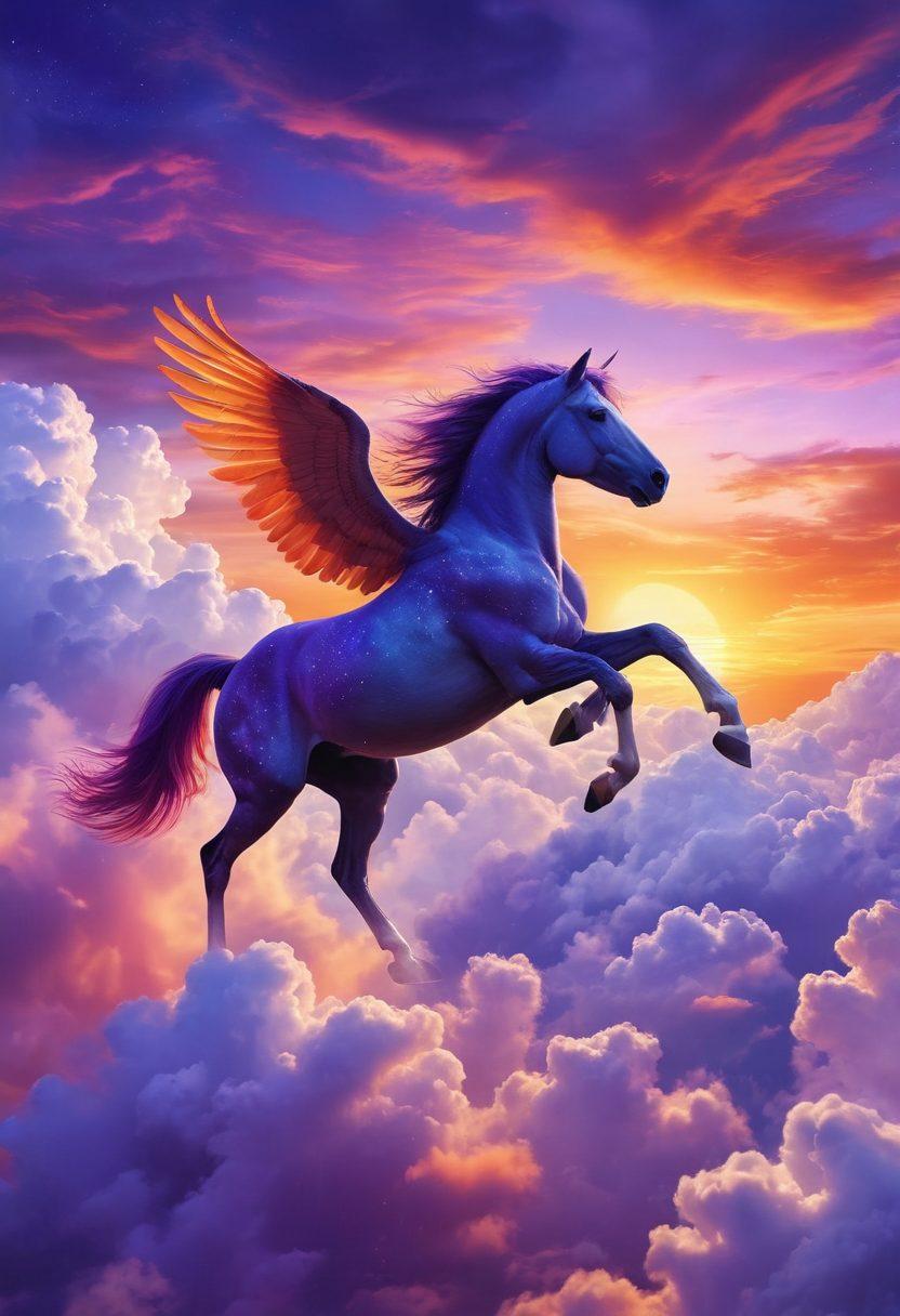 A breathtaking sunset sky filled with vibrant hues of orange and purple, as a majestic Pegasus flies gracefully above the clouds. Include silhouettes of joyful travelers looking up in awe, capturing the essence of passion for travel. The scene should evoke a sense of wonder and adventure, with soft, fluffy clouds and a hint of stardust. super-realistic. vibrant colors. dreamy ambiance.
